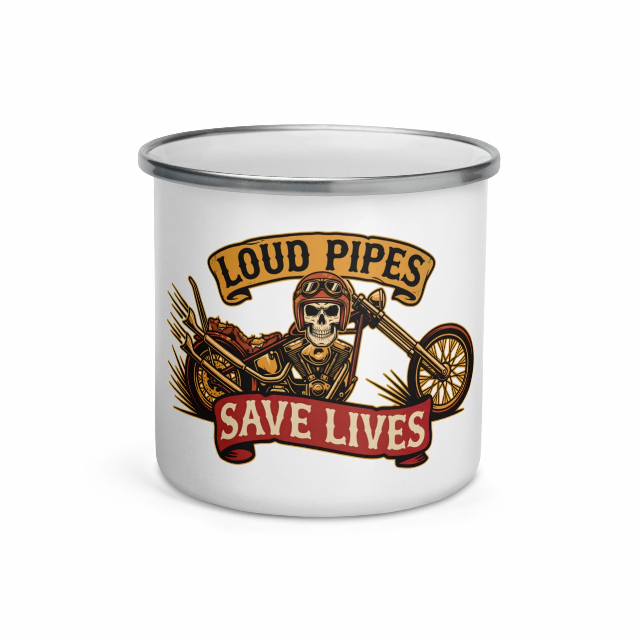 Emaille Tasse „Loud Pipes Save Lives“ – Biker Mug im Vintage Style