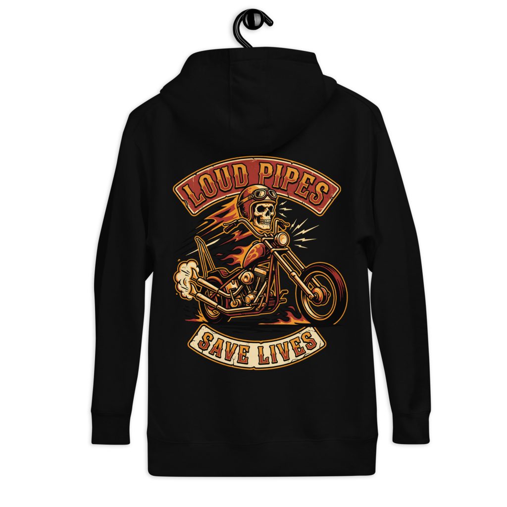 Biker Hoodie „Loud Pipes Save Lives“ – Front & Backprint