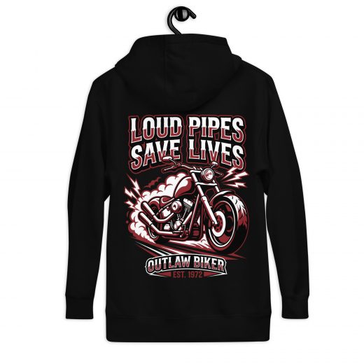 Biker Hoodie „Loud Pipes Save Lives“ – Kleiner Frontprint, großer Backprint