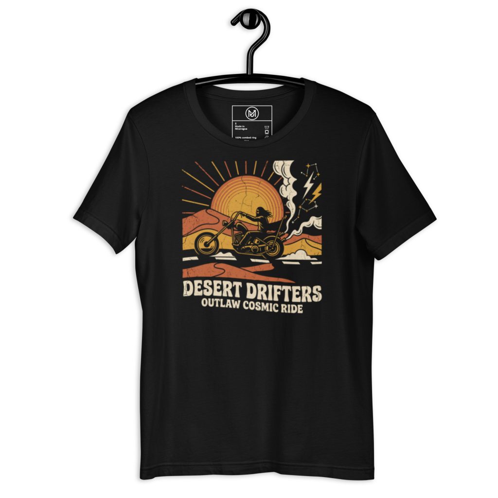 Biker T-Shirt „Desert Drifters – Outlaw Cosmic Ride“ – Retro Frontprint