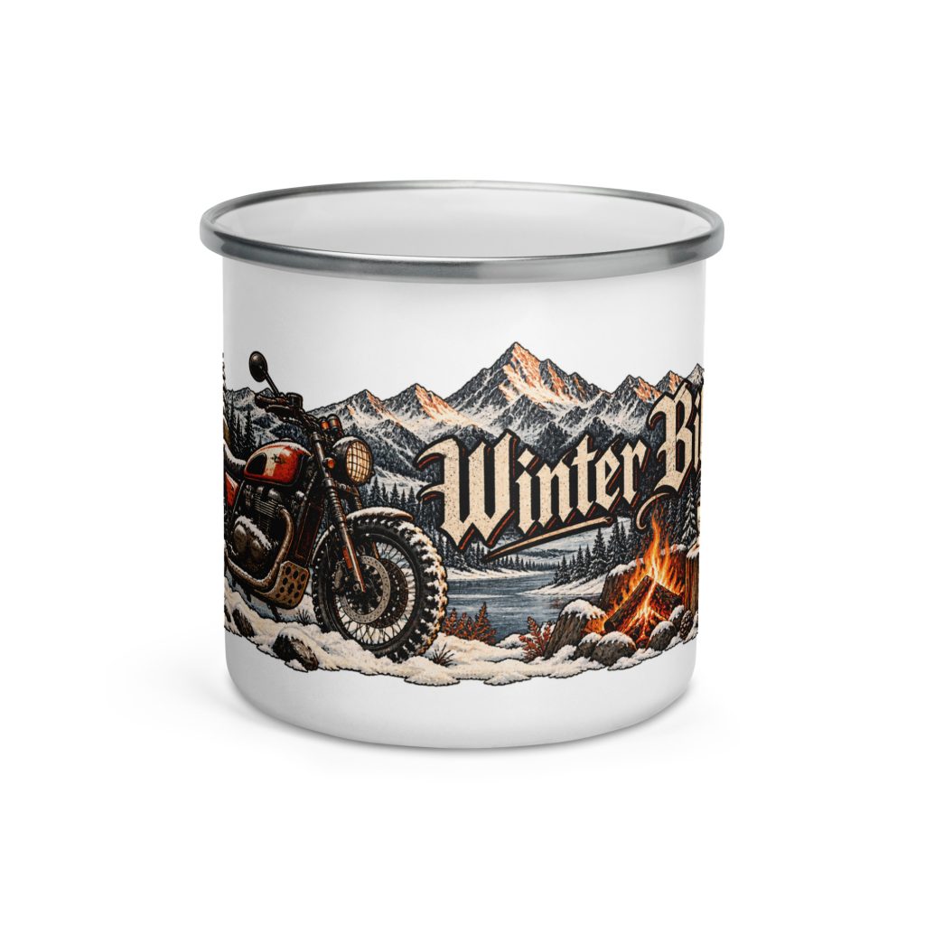Winter Biker Emaille Tasse – für alle, die auch im Winter unterwegs sind
