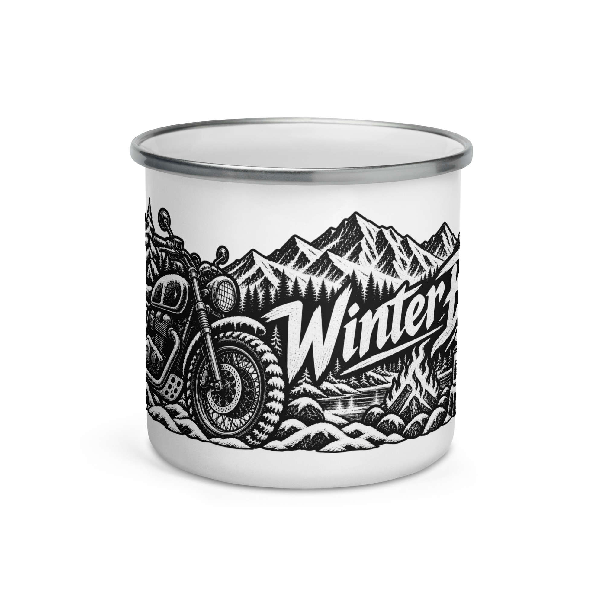 Winter Biker Emaille Tasse – schwarz, weiß und kompromisslos
