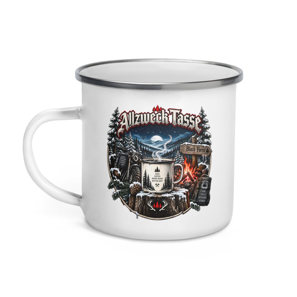Allzweck Tasse – Emaille Tasse im Black-Forest-Biker-Design