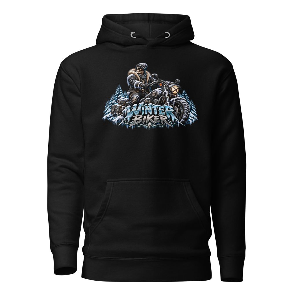 Winter Biker Hoodie „Too Cold For Hell“ – Motorrad Kapuzenpullover mit Front- & Rückenprint